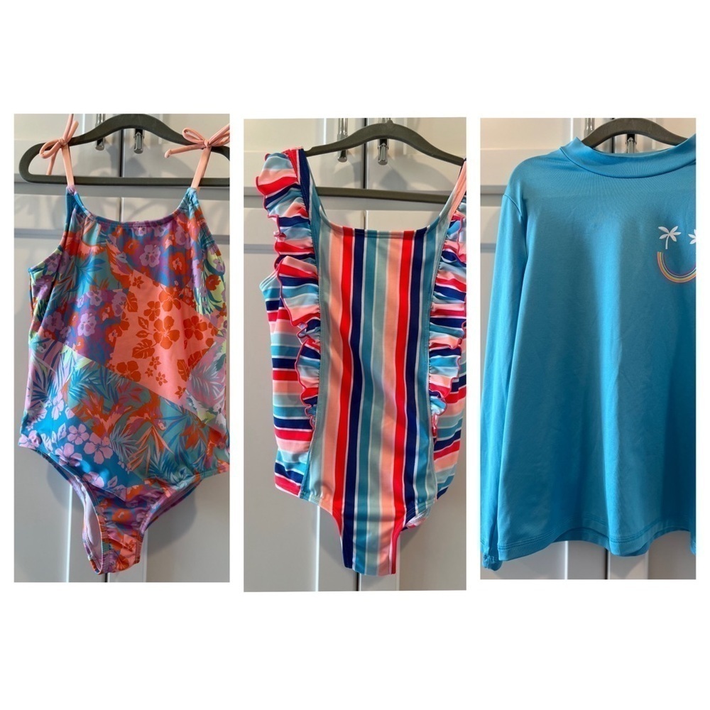 Cat & Jack. (Set of 3!) 2 swimsuits and Rashguard. Size 7/8 plus.